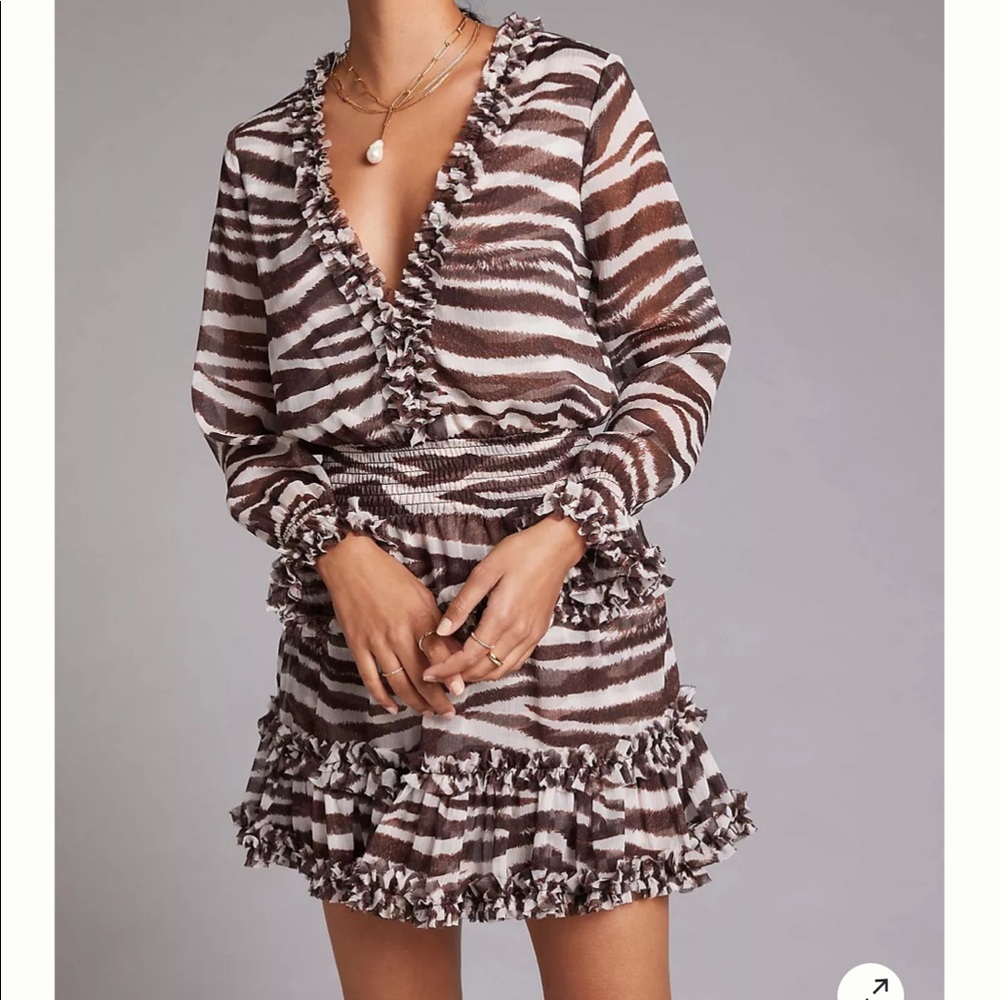 Misa Los Angeles Zebra Striped Long Sleeve Ruffled Mini Dress